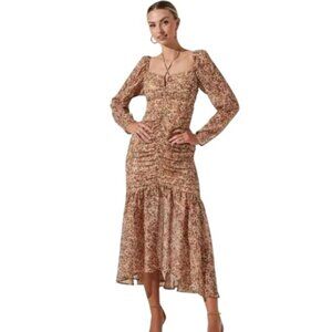 ASTR The Label Athena Women's Dress Midi Floral Tan Halterneck Ruched Medium NEW